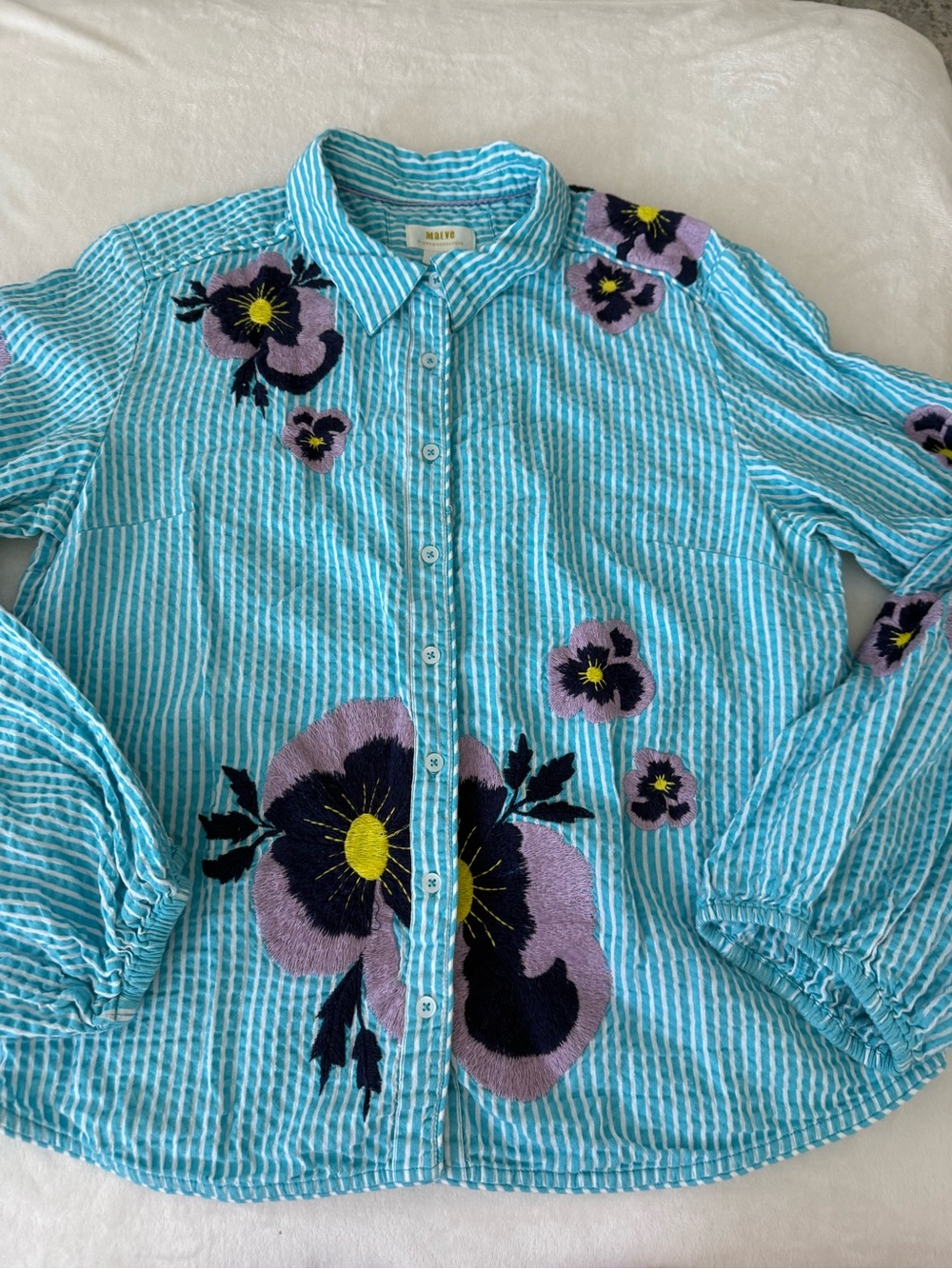 Anthropologie Maeve Turquoise Blue Floral Embroidery Striped Button Blouse L D82